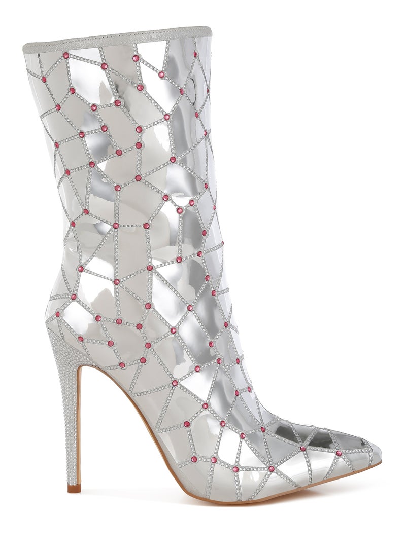 London Rag Rhinestones Embellished Metallic Boots in Silver  - Image 1