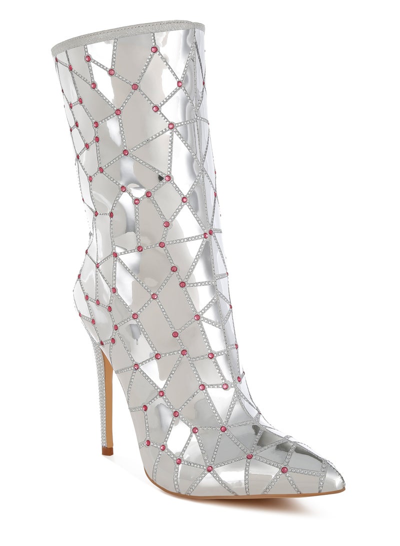 London Rag Rhinestones Embellished Metallic Boots in Silver  - Image 2
