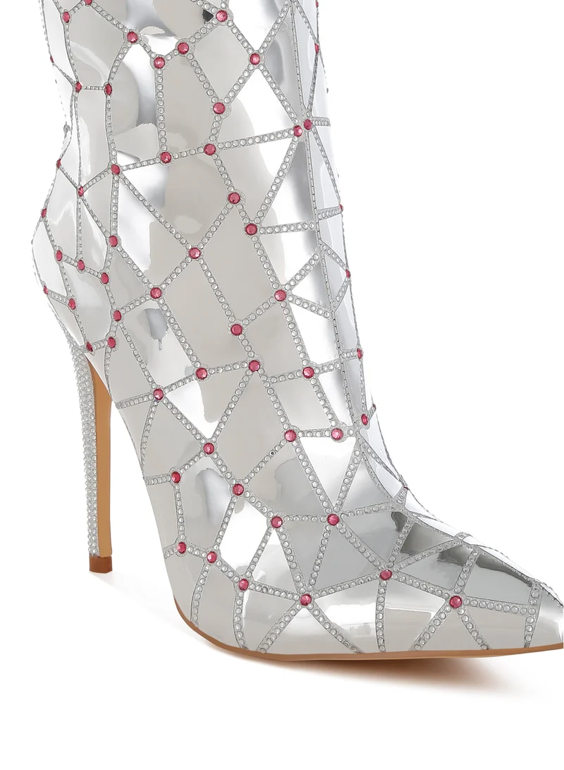 London Rag Rhinestones Embellished Metallic Boots in Silver