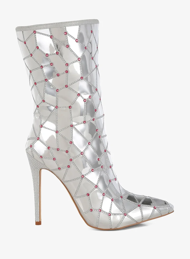 Rhinestones Embellished Metallic Boots in Silver