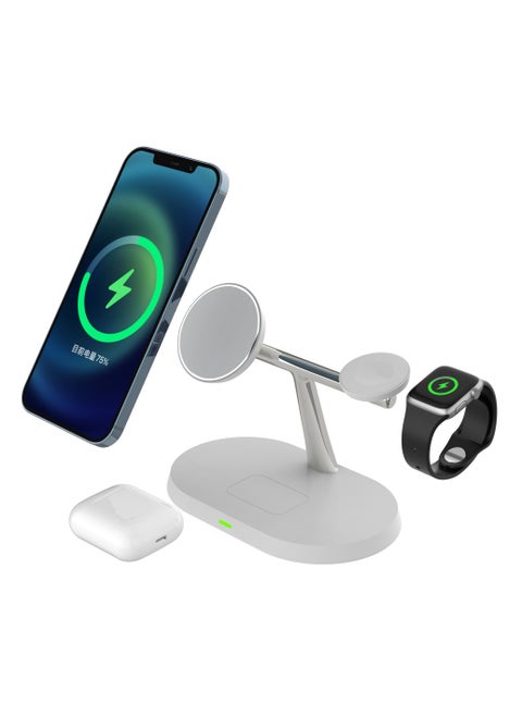 Supercharger Elite 3-in-1 Charger Stand for Magsafe: Magnetic Charging Station for iPhone 15/14/13/12 Pro Max/Plus/Mini - Apple Watch Ultra 2/Series 9/8/7/6/5/4/3, Air Pods/Some Android (White)