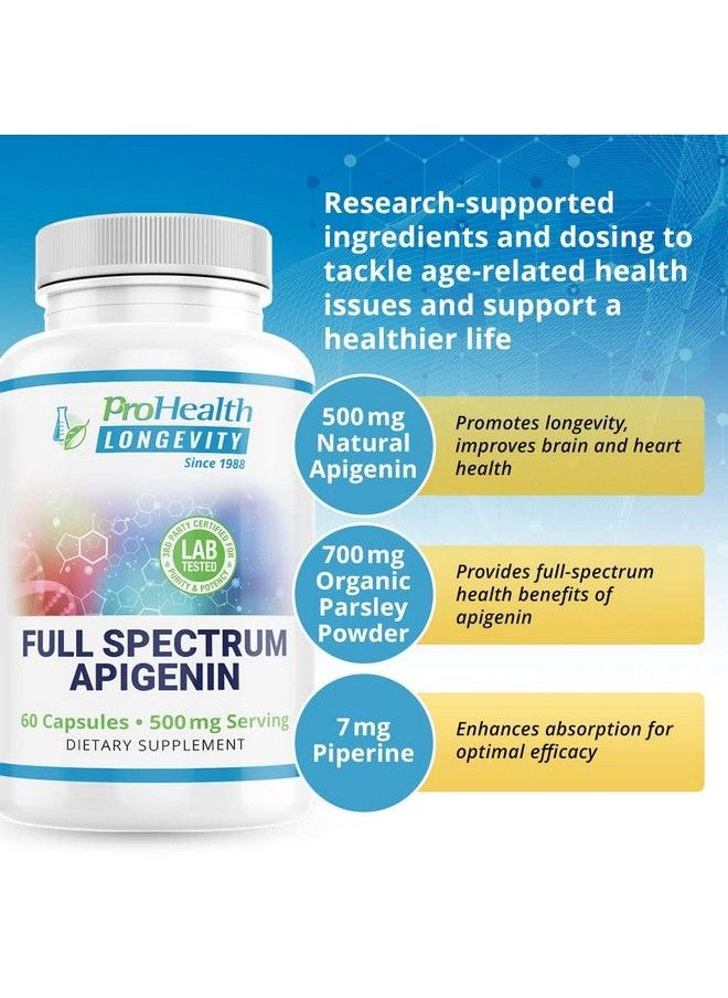 ProHealth - Full Spectrum Apigenin. Purest Form Apigenin Parsley Powder Piperine. For People 40+. Enhanced Absorption. Supports Brain Heart Rest Longevity. 60 Capsules. 500 Mg/2Capsule Serving. - Image 1