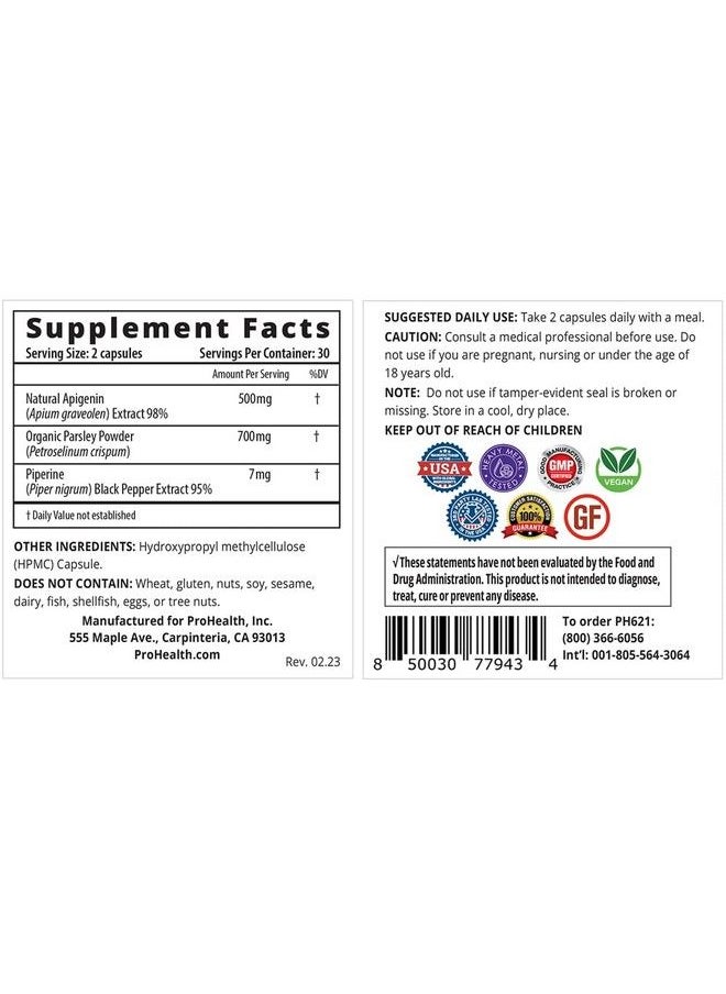 ProHealth - Full Spectrum Apigenin. Purest Form Apigenin Parsley Powder Piperine. For People 40+. Enhanced Absorption. Supports Brain Heart Rest Longevity. 60 Capsules. 500 Mg/2Capsule Serving. - Image 1