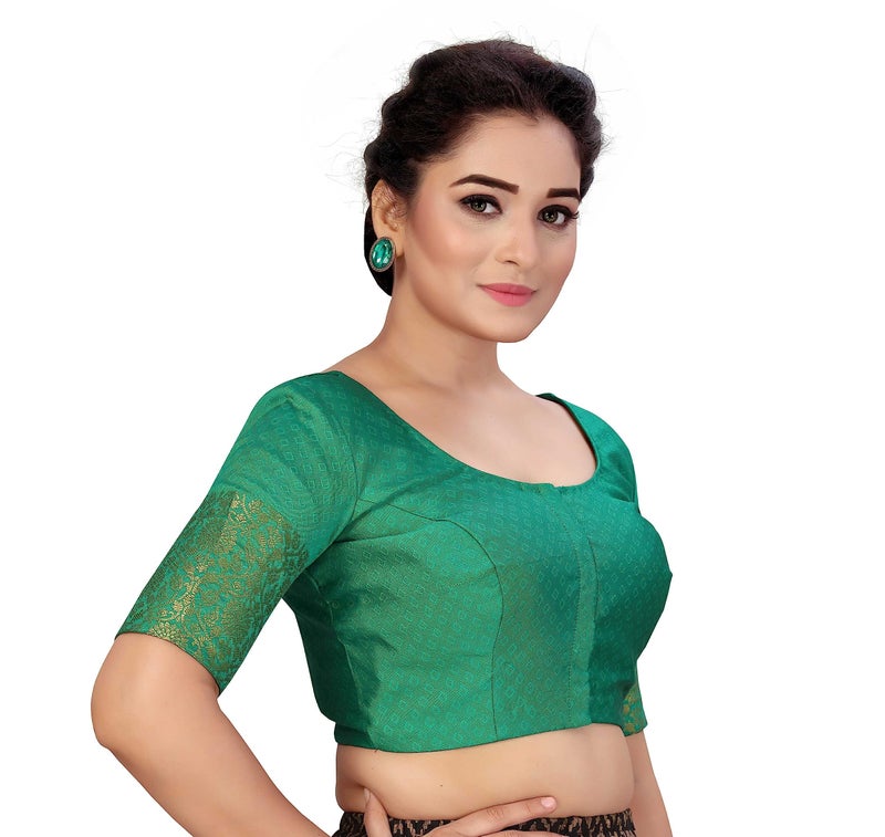 Studio Shringaar Women's Readymade Brocade Saree Blouse with Kanjivaram Border Elbow Length Sleeves(Green, 50) - Image 3