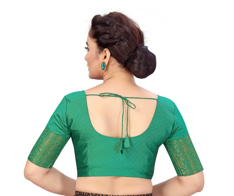 Studio Shringaar Women's Readymade Brocade Saree Blouse with Kanjivaram Border Elbow Length Sleeves(Green, 50) - Image 2