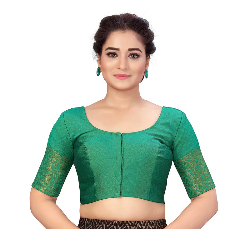 Studio Shringaar Women's Readymade Brocade Saree Blouse with Kanjivaram Border Elbow Length Sleeves(Green, 50) - Image 1