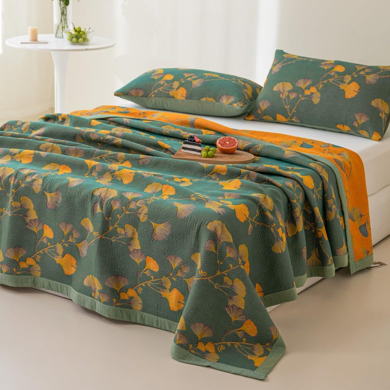 Purefair 100% Cotton Jacquard Quilt Floral Ginkgo Leaves Print,Soft Muslin Bed Cover 3 Layers Reversible Bedspread Coverlet Breathable Lightweight Bedding,Full/Queen(78"x94"), No Pillow Sham - Image 3