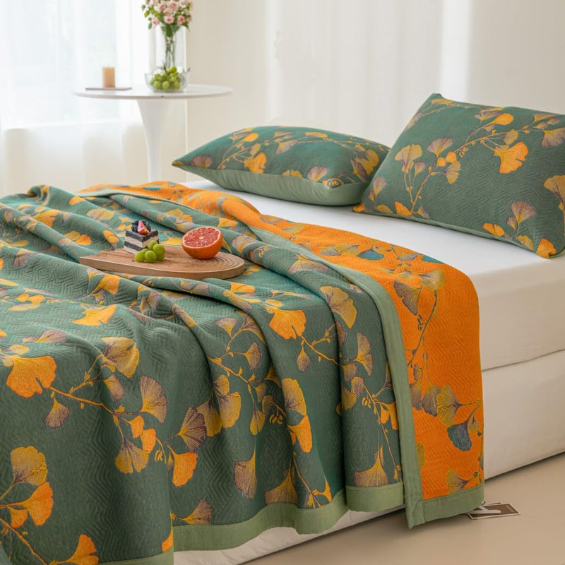 Purefair 100% Cotton Jacquard Quilt Floral Ginkgo Leaves Print,Soft Muslin Bed Cover 3 Layers Reversible Bedspread Coverlet Breathable Lightweight Bedding,Full/Queen(78"x94"), No Pillow Sham - Image 4