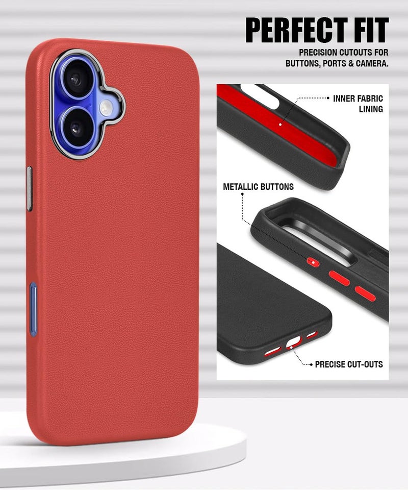 WOW IMAGINE Back Cover for iPhone 16 | Shockproof Tough Leather Texture Hard Mobile Case | Ultra Slim Non-Slip Grip | Inner Velvet Fabric | Metal Camera Ring – Crimson Red - Image 4