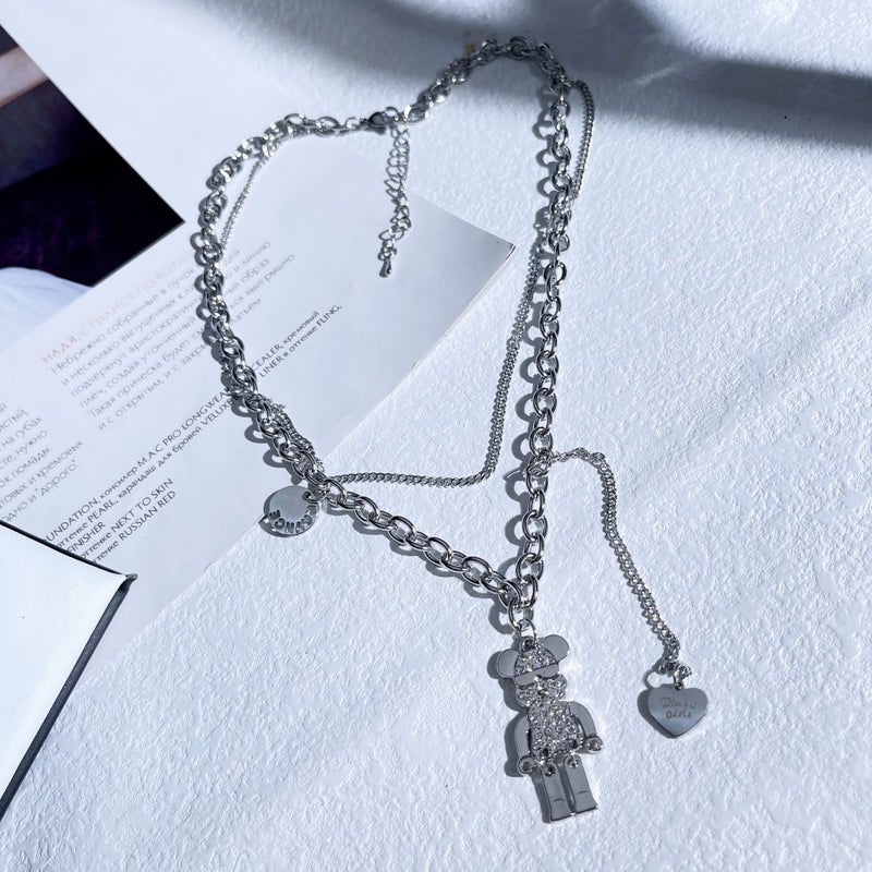High-end sense letter titanium steel necklace female couple double-layer non-fading exquisite Joker Pearl sweater chain jewelry wholesale F0111 activity full of drill bear 