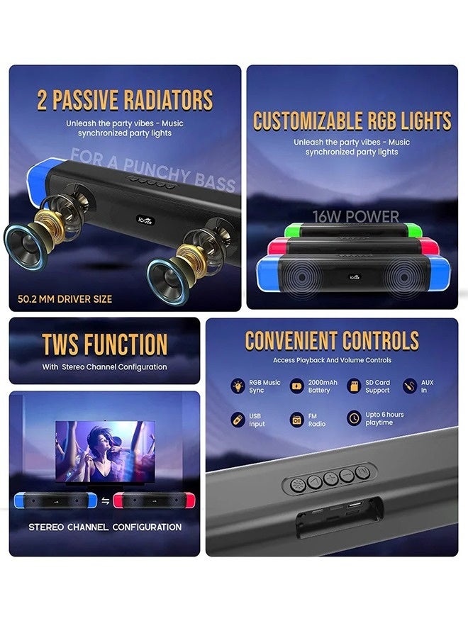 iCruze Neonbass Wireless 16W Bluetooth 5.0 Soundbar with RBG LED for Gaming PC, 2000mAh/SD Card/AUX/USB/FM Radio/6 hours Playtime - Image 2