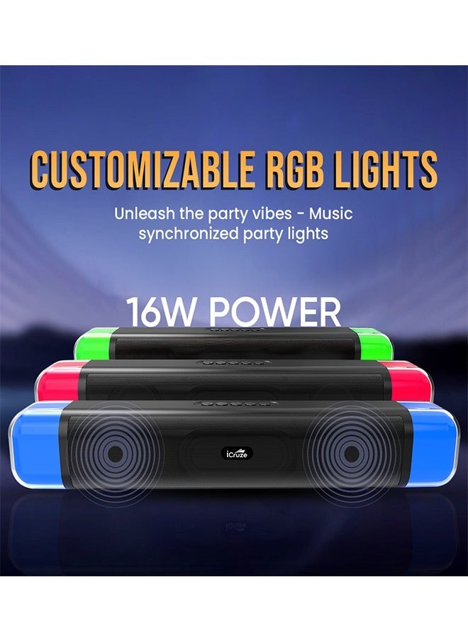 iCruze Neonbass Wireless 16W Bluetooth 5.0 Soundbar with RBG LED for Gaming PC, 2000mAh/SD Card/AUX/USB/FM Radio/6 hours Playtime - Image 5