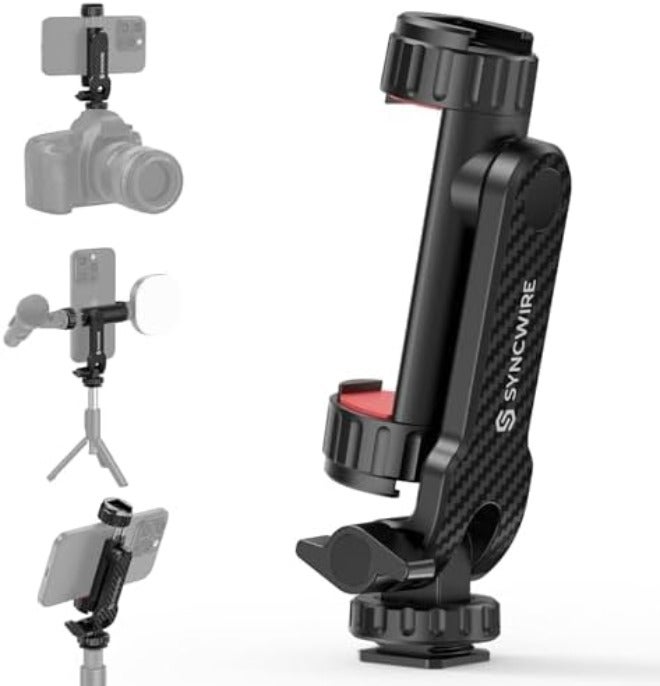 SYNCWIRE Tripod Phone Mount, Universal Smartphone Mount Adapter with 2 Cold Shoe and 1/4" Screw, 360° Rotates and 180° Tilts Adjustable Cell Phone Clamp Holder for Enhancing Mobile Photography Setup - Image 1
