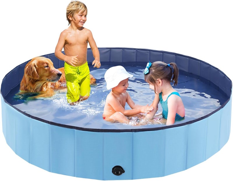 Eooqi Foldable Dog Bath Swimming Pool 97'' Plastic Kiddie Pool Professional Tub Collapsible Grooming Bathtub for Pets Kids Baby and Toddler, 97 x 12 Inches Blue - Image 1