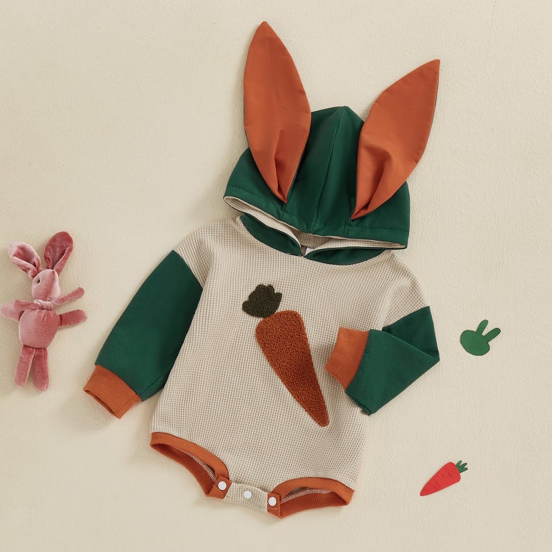 BemeyourBBs Newborn Baby Boy Girl Easter Outfit Bunny Ear Hoodie Romper Long Sleeve Jumpsuit Infant Spring Clothes (Carrot Khaki, 6-12 Months) - Image 2