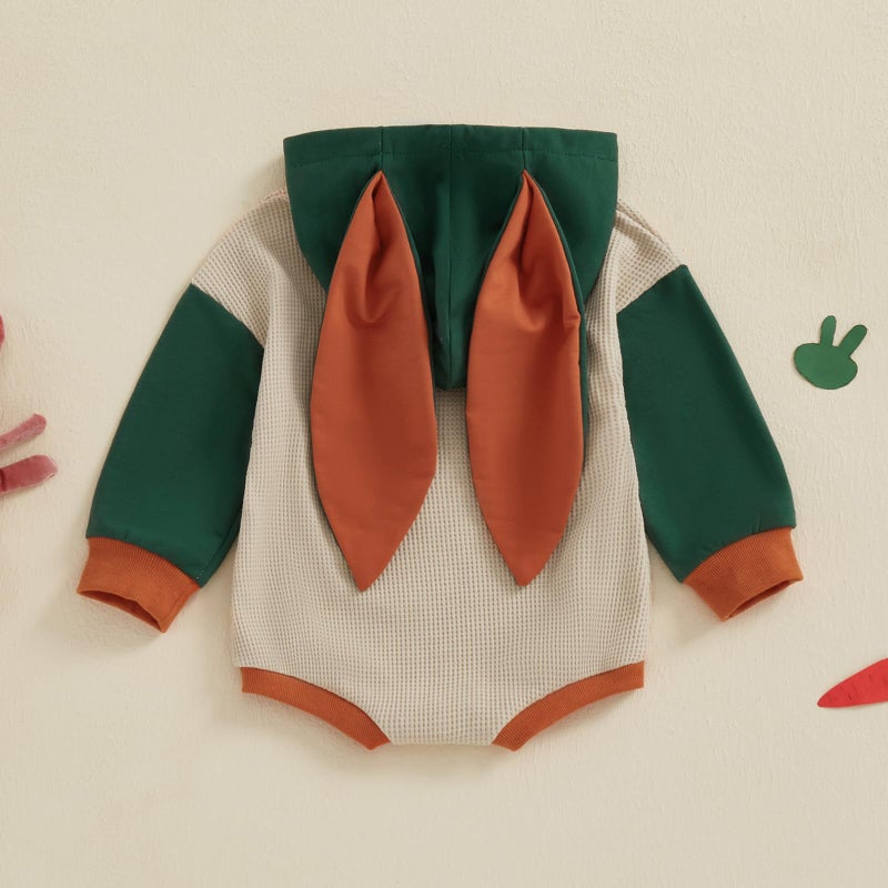 BemeyourBBs Newborn Baby Boy Girl Easter Outfit Bunny Ear Hoodie Romper Long Sleeve Jumpsuit Infant Spring Clothes (Carrot Khaki, 6-12 Months) - Image 3