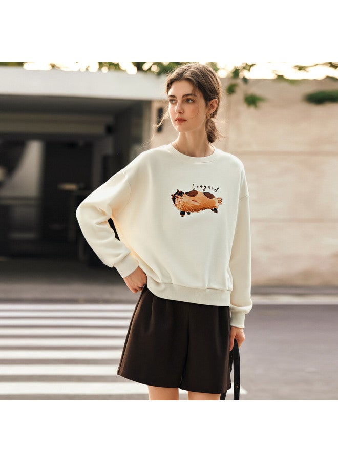 Olrain Eurier  Casual Printed Loose Slim Round Neck Pullover Sweatshirt Beige S - Image 2