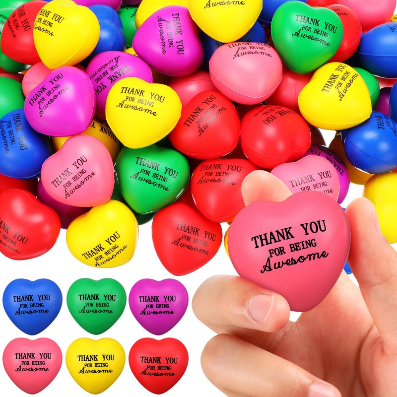 Liliful 100 Pcs Heart Stress Balls Bulk 16 Motivational Mini Thank You Inspirational Foam Squeeze Balls Rainbow Colors Party Gifts for Adults Kids Students Office Supplies - Image 3
