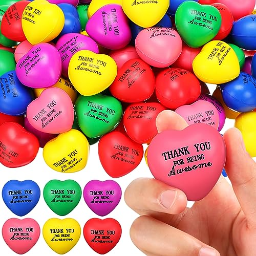 Liliful 100 Pcs Heart Stress Balls Bulk 16 Motivational Mini Thank You Inspirational Foam Squeeze Balls Rainbow Colors Party Gifts for Adults Kids Students Office Supplies - Image 1