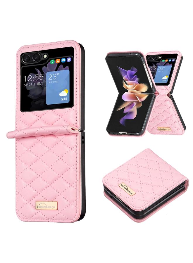 اس-توب جراب هاتف Samsung Galaxy Z Flip5 من الجلد الأنيق ذو الملمس المعيني - Image 1