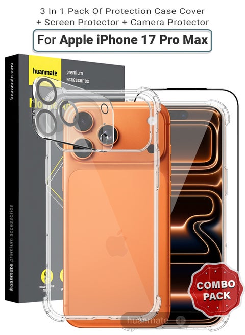 3 في 1 مجموعة حماية لهاتف أبل آيفون 17 برو ماكس - جراب شفاف للغاية مقاوم للصدمات، واقي شاشة من الحافة إلى الحافة وواقي عدسة الكاميرا، حماية كاملة للجسم بزاوية 360 درجة لهاتف أبل آيفون 17 برو ماكس