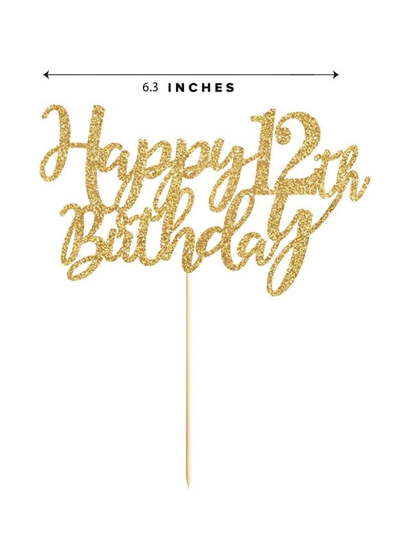 happy 12th birthday cake topper, gold glitter for 12th birthday celebration cake toppers cake supplies for cake decoration for parties