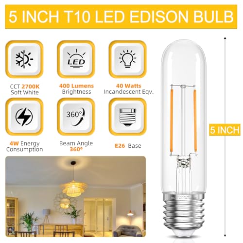 GvvooHome Tubular LED Edison Bulb Dimmable 2700K Warm White, 4W, 40 watt Equivalent, E26 LED Light Bulbs, T10 Edison Bulbs for Chandeliers, Ceiling Fan, 90+CRI 400LM, 6 Pack - Image 2