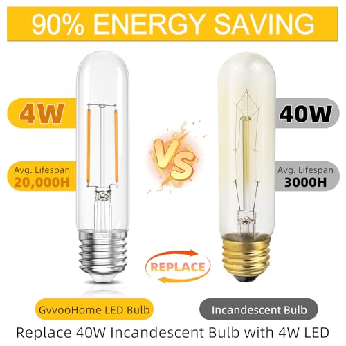 GvvooHome Tubular LED Edison Bulb Dimmable 2700K Warm White, 4W, 40 watt Equivalent, E26 LED Light Bulbs, T10 Edison Bulbs for Chandeliers, Ceiling Fan, 90+CRI 400LM, 6 Pack - Image 5