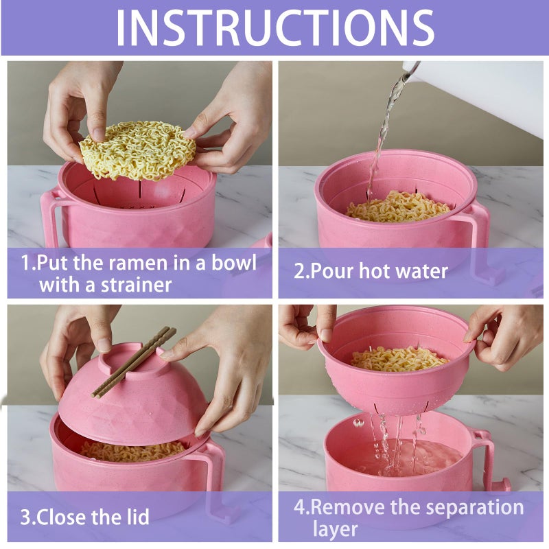 Romooa 4 Sets Microwave Ramen Cooker Bowl Set 33 oz Quick Ramen Cooker with Handles Ramen Noodle Cooker with Spoon Chopsticks Fork College Dorm Room Apartment Essentials(Pink, Purple) - Image 3