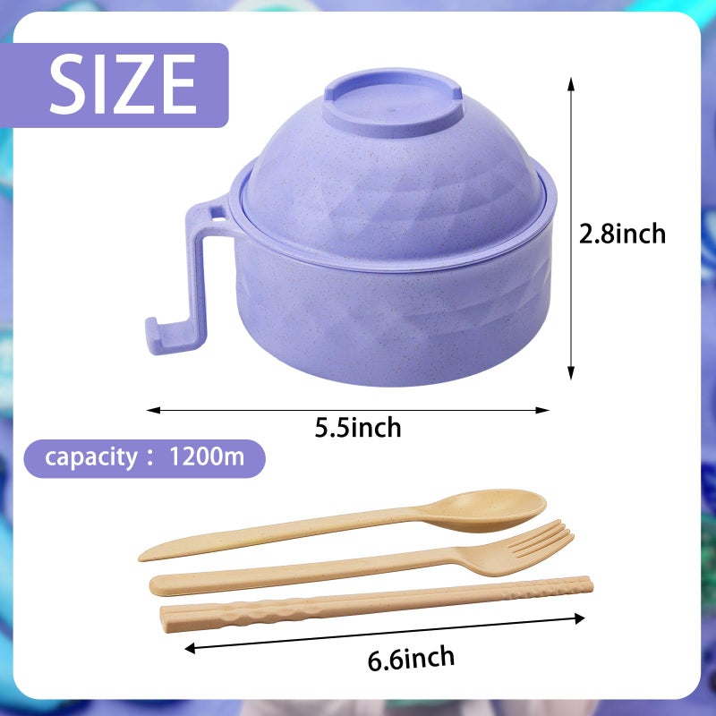 Romooa 4 Sets Microwave Ramen Cooker Bowl Set 33 oz Quick Ramen Cooker with Handles Ramen Noodle Cooker with Spoon Chopsticks Fork College Dorm Room Apartment Essentials(Pink, Purple) - Image 2