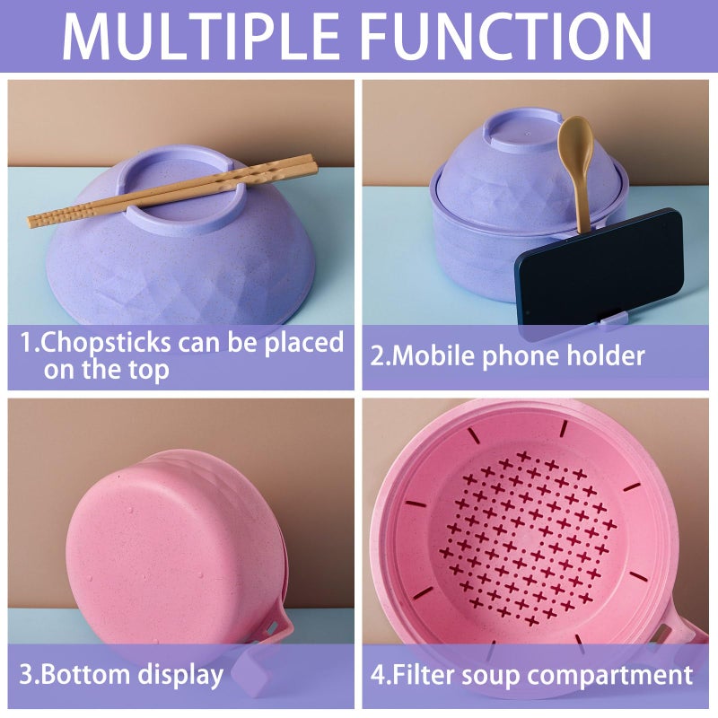 Romooa 4 Sets Microwave Ramen Cooker Bowl Set 33 oz Quick Ramen Cooker with Handles Ramen Noodle Cooker with Spoon Chopsticks Fork College Dorm Room Apartment Essentials(Pink, Purple) - Image 4