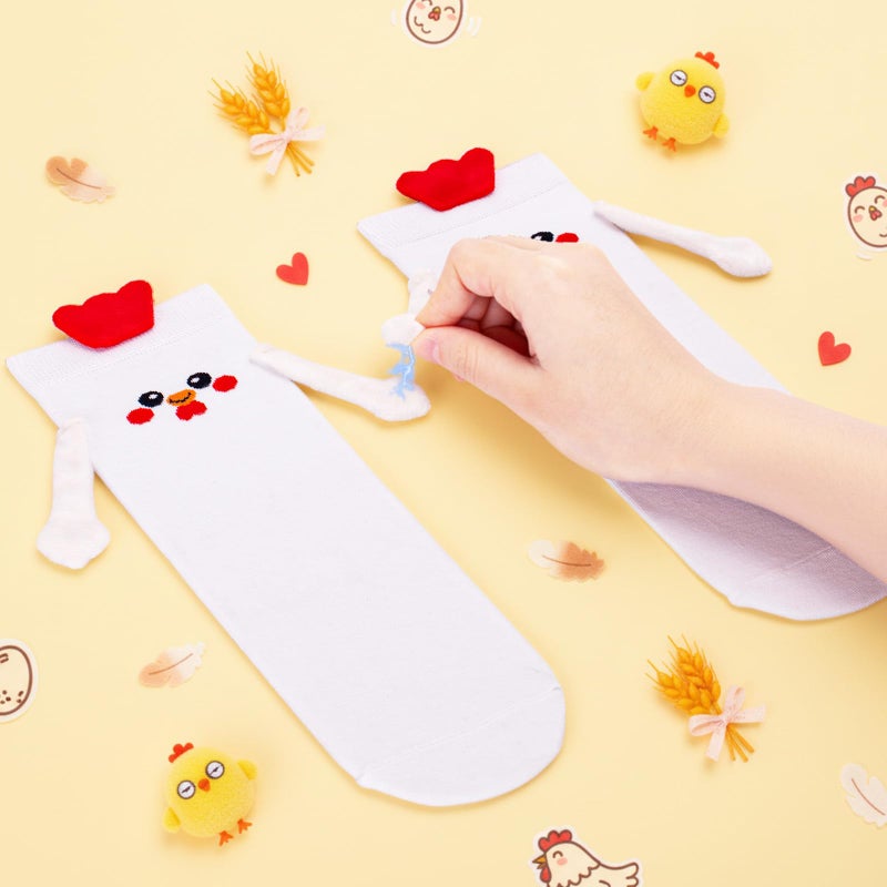 FunisFun Chicken Socks with Magnetic Holding Hands Funny Animal Crazy Socks for Women Ideal Gifts for Girls Teens (US, Alpha, One Size, Regular, Regular, White&Red) - Image 2
