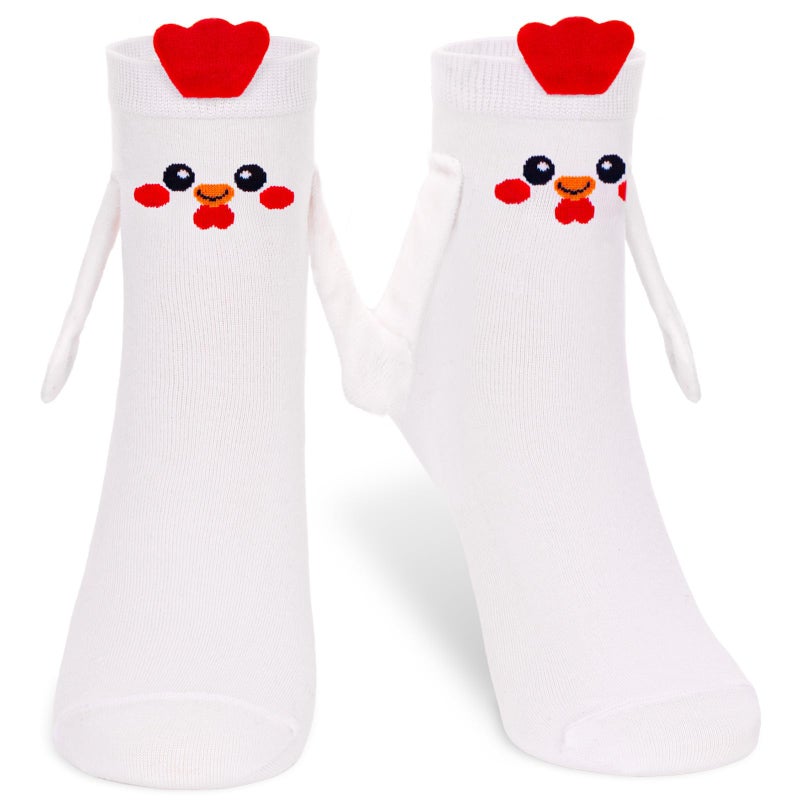 FunisFun Chicken Socks with Magnetic Holding Hands Funny Animal Crazy Socks for Women Ideal Gifts for Girls Teens (US, Alpha, One Size, Regular, Regular, White&Red) - Image 1