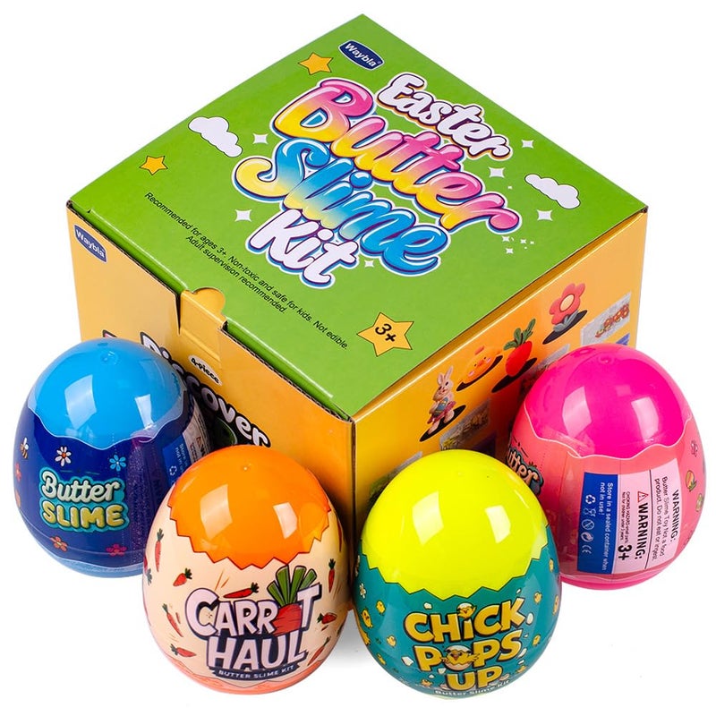 Waybla 4-Pack Butter Slime in Plastic Eggs, Easter Clay Slices, Figurines - Sensory Toy for Kids, Easter Egg Hunts, Basket Fillers - Image 2