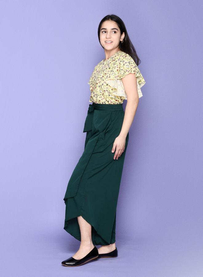 LILPICKS Floral Flutter Sleeve Yellow Top with Teal Stylish Long Skirt Set - Image 4