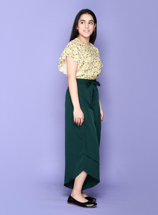 LILPICKS Floral Flutter Sleeve Yellow Top with Teal Stylish Long Skirt Set - Image 5