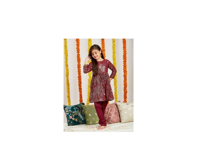 PRASHA Girls' Maroon Embellished Kurta Pyjama Set - Image 1