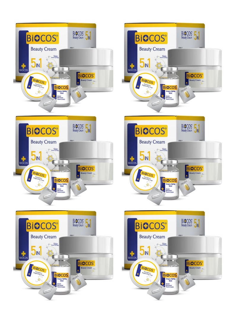BIOCOS 5-in-1 Beauty Cream - Anti-aging Brightening And Deep Hydrating Formula Enriched With Arbutin Vitamin E, B5, Kojic Acid, Serum, And Beauty Soap - Pack of 6 - Image 1