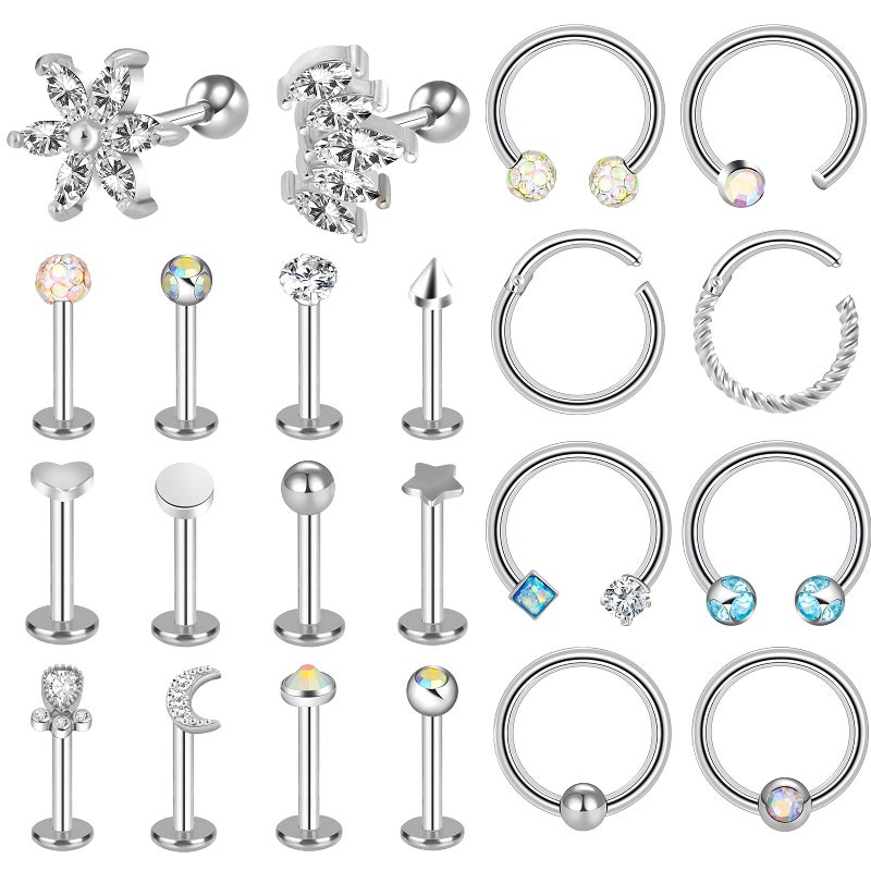 ONESING 22 Pcs 16G Tragus Earrings for Women Men Cartilage Earrings Stud CZ Stainless Steel Earrings Piercing Lip Rings Studs Silver Barbell Jewelry - Image 1