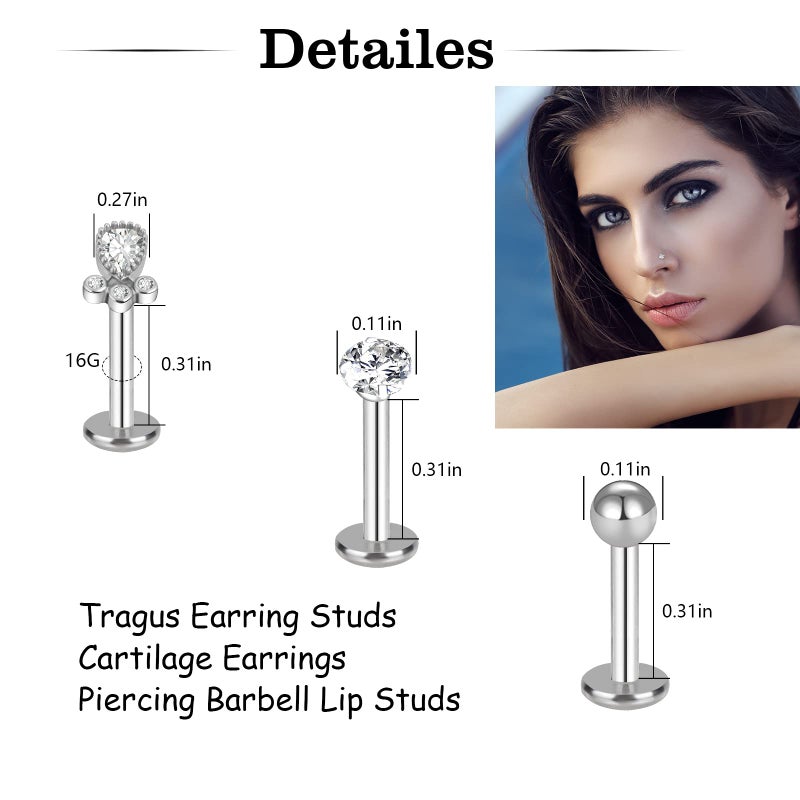 ONESING 22 Pcs 16G Tragus Earrings for Women Men Cartilage Earrings Stud CZ Stainless Steel Earrings Piercing Lip Rings Studs Silver Barbell Jewelry - Image 4