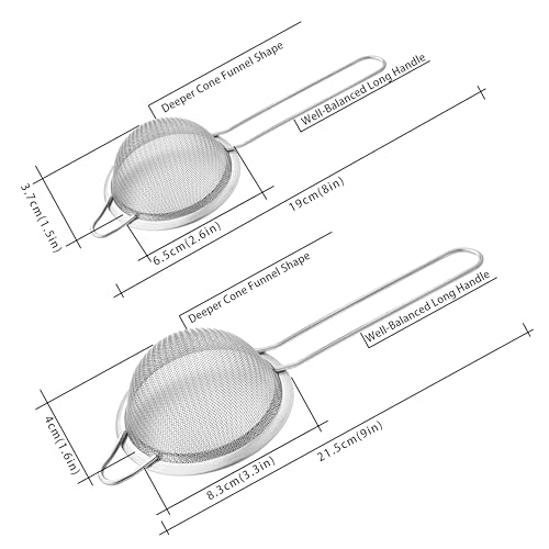 XZZWLL 2 Pack Fine Mesh Strainers, Mini Stainless Steel Strainer with Handle for Kitchen, Metal Sieve Sifters for Straining Tea, Matcha, Cocktail, Juice and Coffee (8.6in 7.5in) - Image 2