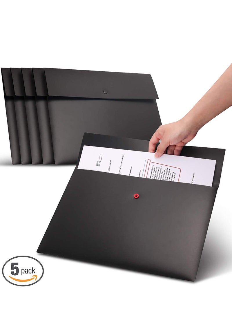 SYOSI - A4 Envelopes Folders, 5 Pieces A4 Plastic Envelopes for Paperwork, Document Folders with Snap Button Closure, Plastic File Folders for School Office Home, A4 Letter Size (Black) - Image 1