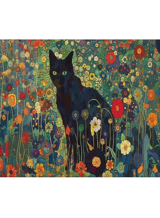 RYYCDOI Black Cat Wildflower Door Mat, Colorful Botanical Cat Doormat Outdoor Indoor Entrance Porch, Floral Outdoor Mat, Whimsical Black Kitten Welcome Mats for Front Door, 17x30 Inch - Image 1