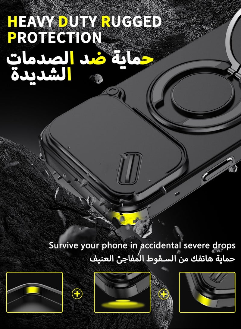 عش زي غلاف آيفون 17 برو ماكس بغطاء كاميرا منزلق، ملمس ناعم، مغناطيس MagSafe، حامل حلقة دوارة 360 درجة، حماية ضد الصدمات مع وسائد هوائية بارتفاع خفيف عند الزوايا، أسود، 1 قطعة - Image 3