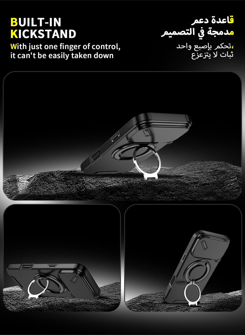 عش زي غلاف آيفون 17 برو ماكس بغطاء كاميرا منزلق، ملمس ناعم، مغناطيس MagSafe، حامل حلقة دوارة 360 درجة، حماية ضد الصدمات مع وسائد هوائية بارتفاع خفيف عند الزوايا، أسود، 1 قطعة - Image 5