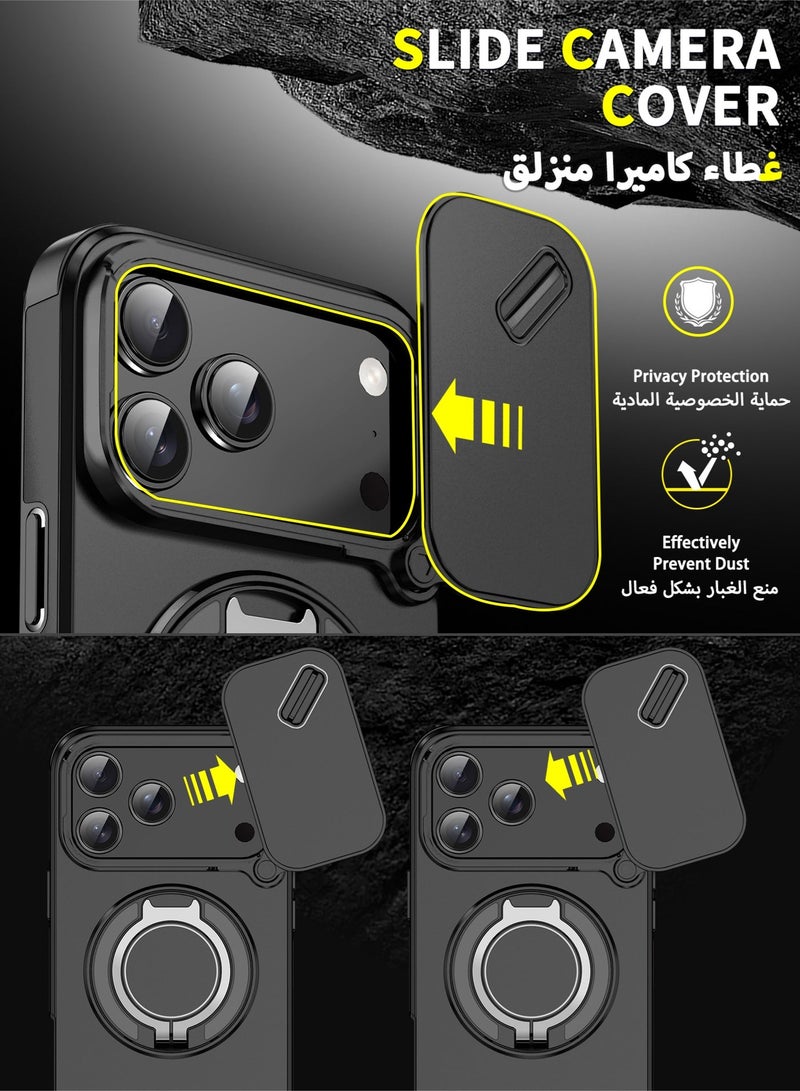 عش زي غلاف آيفون 17 برو ماكس بغطاء كاميرا منزلق، ملمس ناعم، مغناطيس MagSafe، حامل حلقة دوارة 360 درجة، حماية ضد الصدمات مع وسائد هوائية بارتفاع خفيف عند الزوايا، أسود، 1 قطعة - Image 2