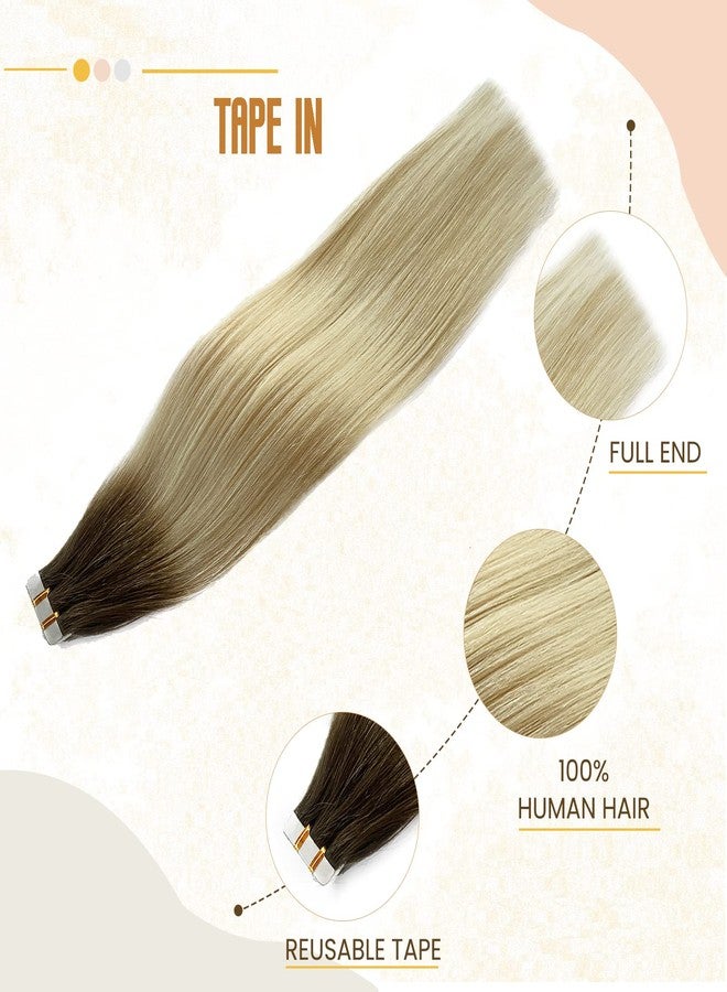 Smavida Ombre Tape in Hair Extensions Human Hair for White Women,Ombre Darkest Brown #9 to Platinum Blonde #60 Natural Hair Blonde Balayage Tape ins Remy Silky Straight Hair Extensions 50g 20pcs - Image 2