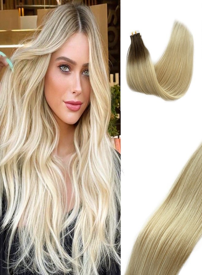 Smavida Ombre Tape in Hair Extensions Human Hair for White Women,Ombre Darkest Brown #9 to Platinum Blonde #60 Natural Hair Blonde Balayage Tape ins Remy Silky Straight Hair Extensions 50g 20pcs - Image 1