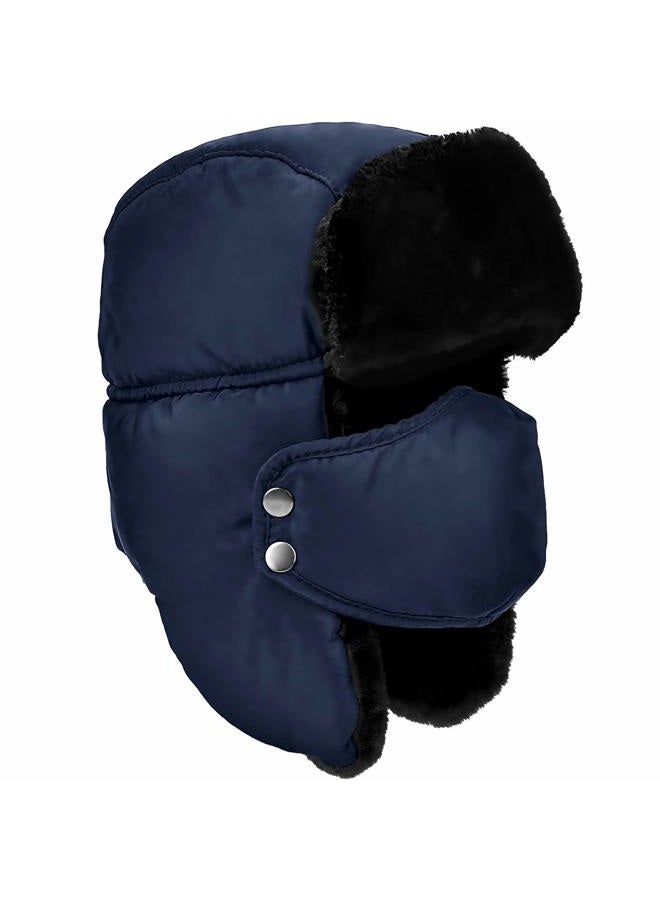 DOXHAUS Unisex Winter Ear Flap, Trooper, Trapper, Bomber Hat, Keeping Warm While Skating, Skiing or Other Outdoor Activities, Navy, Black Fur, One Size - Image 1