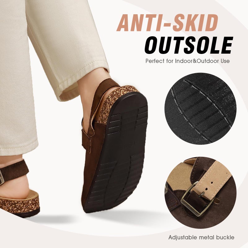 DDXYYDS Women's Suede Clogs with Back Strap Men's Cork Footbed Leather Mules Clogs for Women Comfort Memory Foam Slingback Clog Sandals with Adjustable Buckle Slip on Potato Shoes Dark Brown - Image 5